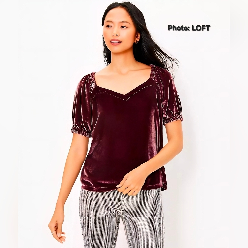 NWT LOFT Maroon Velvet Puff Sleeve Top Size Large